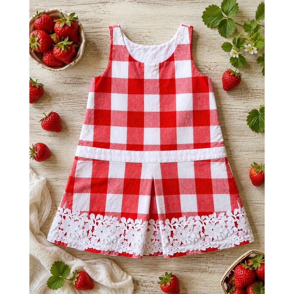 Janie and Jack Girls Red White Gingham‎ Check Lace Trim Dress Size 3 Sleeveless